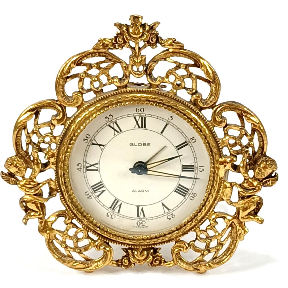 GLOBE German Wind Up Alarm Clock Brass Cherub Angel Minor Damage Vintage Baroque